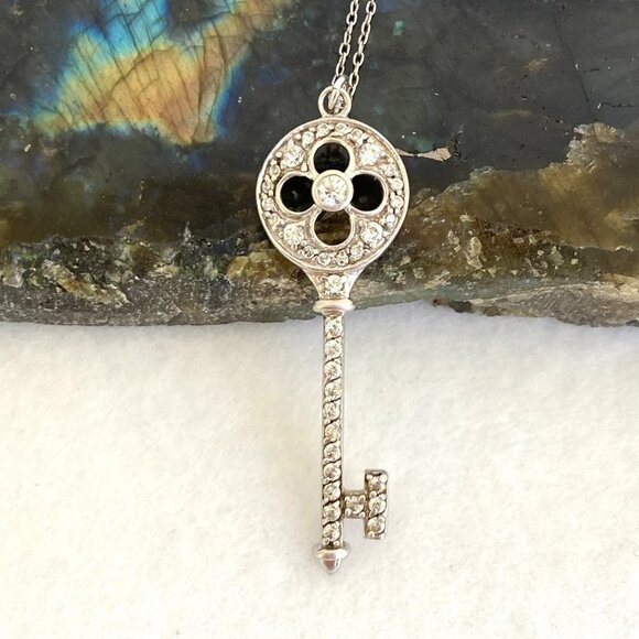 Sterling Silver 925 2" Cubic Zirconia CZ Key Pendant Necklace 20" Cable Chain - Picture 3 of 16